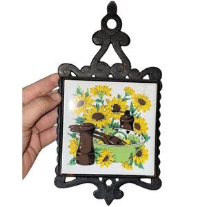 Vintage Yellow Daisy Flower Ceramic Tile Cast Iron Trivet